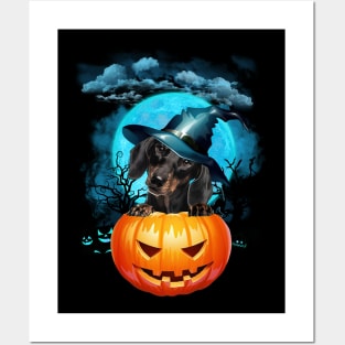 Black Dachshund Witch Hat Pumpkin And Blue Moon Halloween Posters and Art